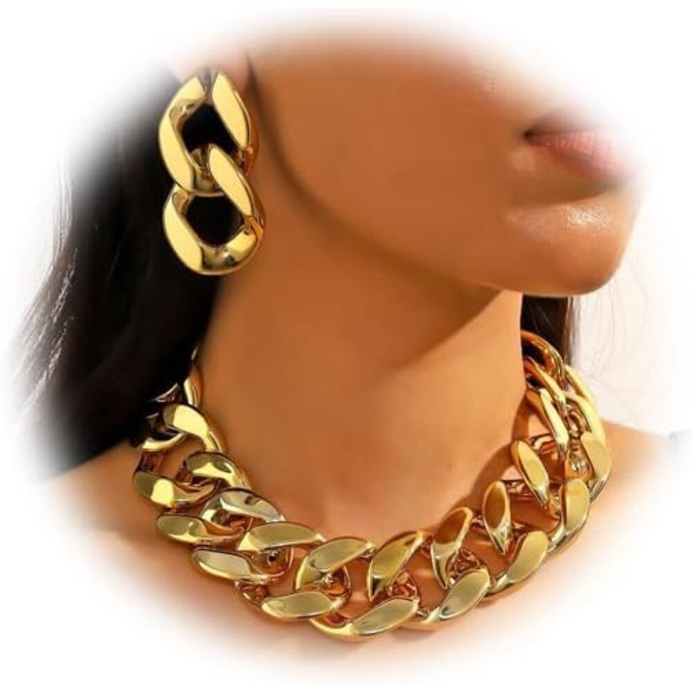 Acrylic Gold Chunky Chain Necklace Earrings Set for Women,Punk Short Thick Wide - Picture 1 of 9